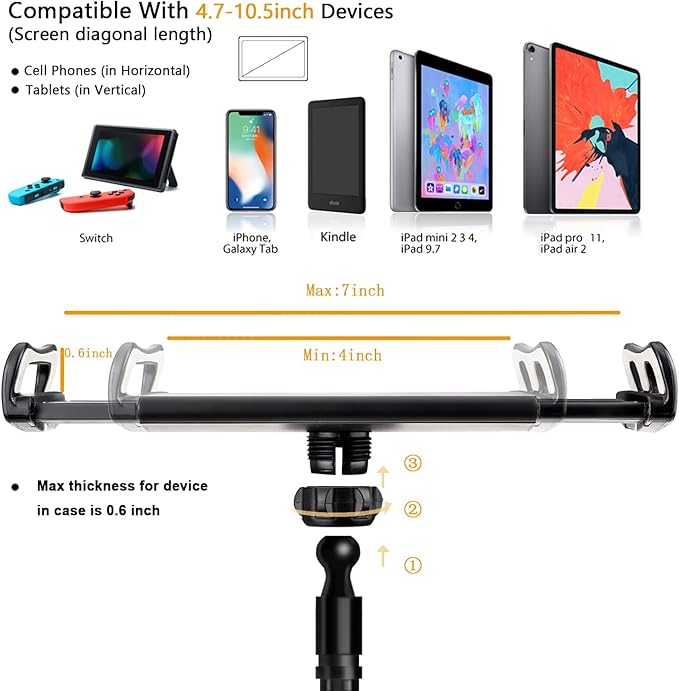 Gooseneck Tablet Phone Holder | Kindle Stand Holder for Bed | 33in Flexible Long Arm Clamp Clip Mount for iPhone, iPad, Switch, Galaxy Tabs, Kindle Fire, 4.7''-11'' Tablet Devices