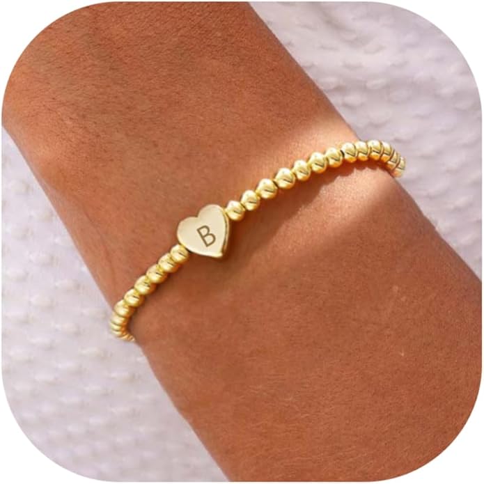 Valentines Day Gifts for Women Her - Dainty Beaded Heart Initial Bracelets Letter A-Z Charm Stretch Bead Ball Bracelet Trendy Jewelry Gifts