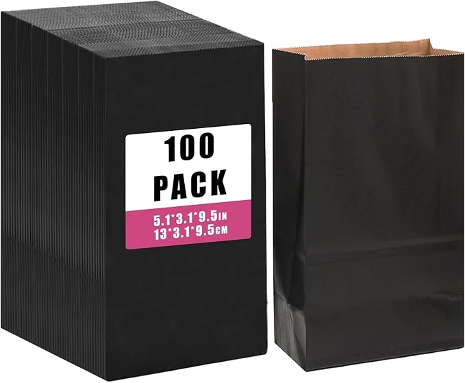 qiqee 100Pcs Treat Paper Bags 5.1x3.1x9.4 Inches Black Small Party Gift Bag Mini Snack Bag without Handle