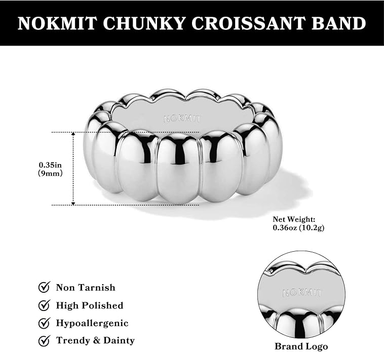 NOKMIT 14K Gold Filled Chunky Statement Rings for Women Cute Puffy Dome Croissant Thumb Band Non Tarnish Comfort Fit Size 5-10