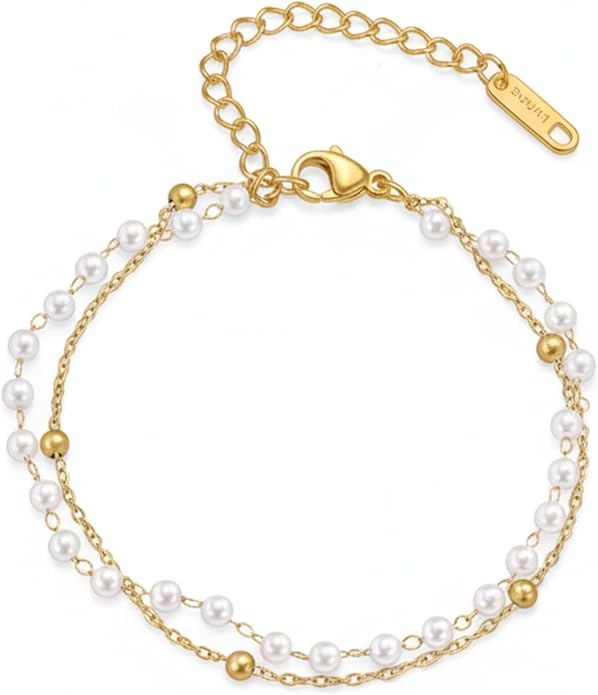 Solza 2 Layer Gold Plated Bracelet – Stainless Steel Adjustable Layered Chain with 3mm Beads, 18K Gold Plated Non Tarnish Jewelry for Women, Elegant Beaded Bracelet Stack for Everyday Wear