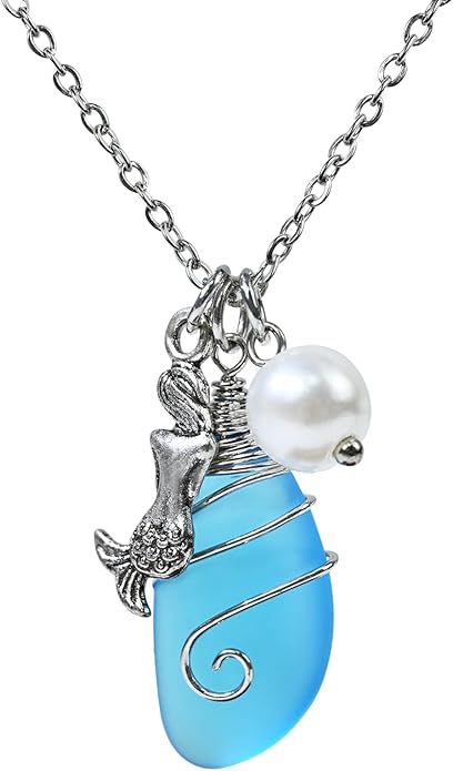 Sea Glass Necklace, Wire Wrapped Beach Necklaces, Sea Glass Jewelry, Handmade Blue Beach Jewelry for Women Trendy