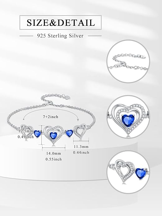 Birthstone Charm Link Bracelet 925 Sterling Silver Rose/Heart/Mom Bracelet with 12 Months Birthstone Mother's Day Gift Jewelry Gifts for Women,Chain Length 7"+2" Extend