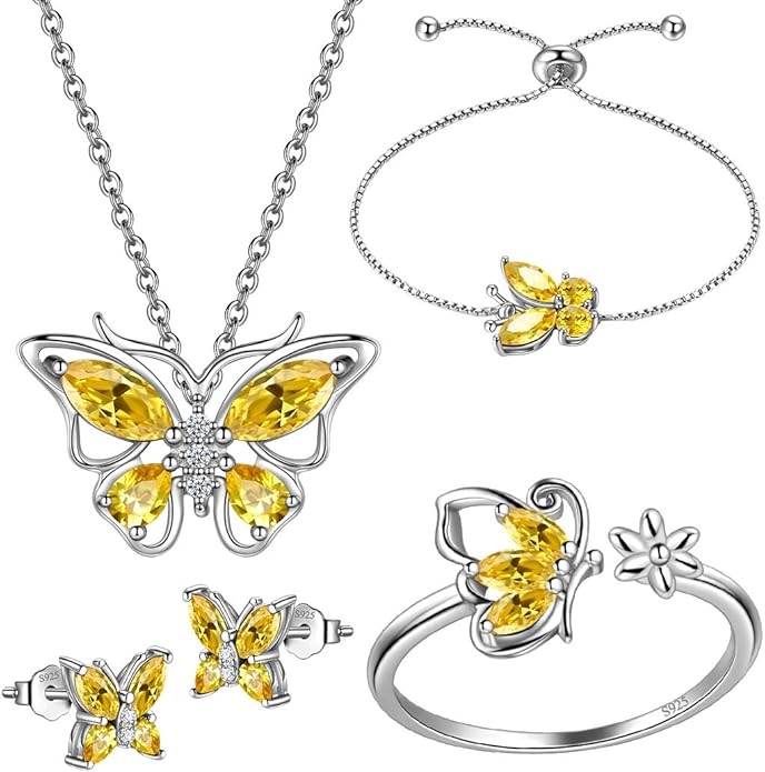 925 Sterling Silver Birthstone Butterfly Jewelry Women Crystal Animal Cute Butterflies Birthday Necklace/Earring/Ring/Bracelet Sets Birth Stone Statement Anniversary Jewellery