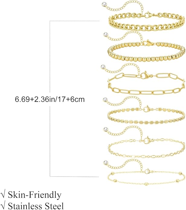 Emibele Gold Bracelets for Women, Dainty Adjustable 14K Gold Plated Bracelet Stack, Elegant Beaded Link Chain Bracelet Sets, Jewelry Gifts for Women
