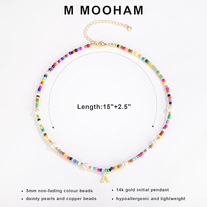 M MOOHAM Valentines Day Gifts for Kids Teen Girls - Colorful Initial Necklaces for Girls Women Kids, Beaded Pearl Choker Necklace for Women Trendy, Birthday Gifts Teenage Girl Teen Kid Jewelry
