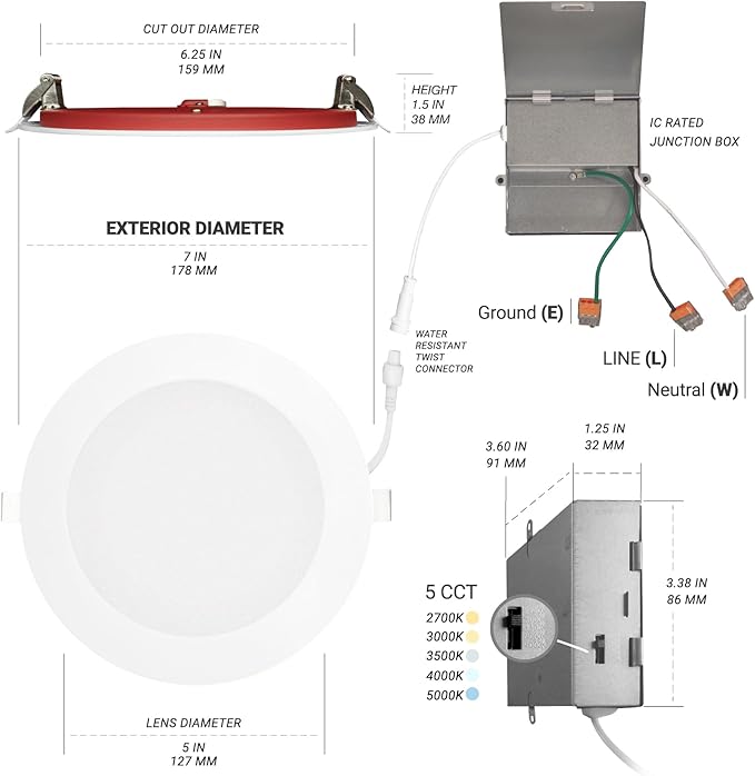 NUWATT 2 Hour Fire Rated Recessed Lighting 6 Inch Wafer LED Lights, 2700K/3000K/3500K/4000K/5000K Selectable, Dimmable 1200LM, 15W, Wet & IC Rated, 90 CRI Canless Light, No Tenmat Needed, ETL, 6 Pack