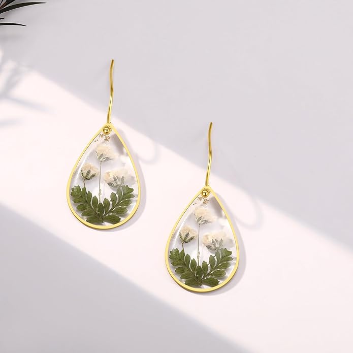 Forget-Me-Not and Queen Anne's Lace Pressed Wildflower Earrings | Pressed Flower Earrings | Handmade Drop and Dangle Earrings | Gift for Woman