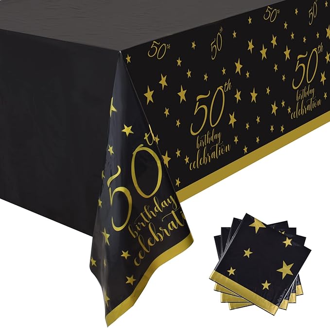 Gatherfun 50th Birthday Disposable Tablecloth 4 Pack Gold and Black Waterproof Plastic Table Cover for Men Woman 50 Birthday Party Decorations