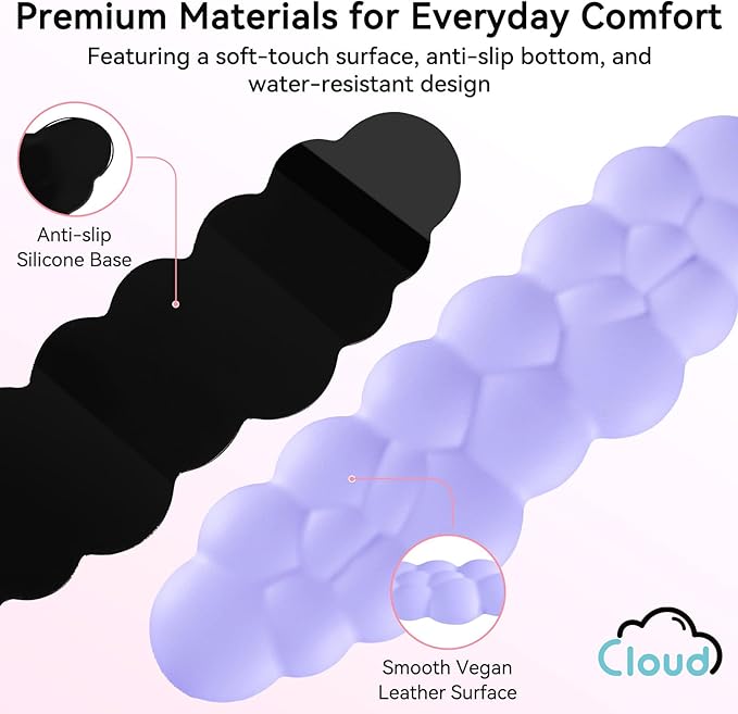 Cloud Wrist Rest for Computer Keyboard, 4-in-1 Memory Foam Leather Cloud Keyboard Wrist Rest and Mouse Pad Set with Ergonomic Support for Arm and Palm Cushion, Gaming/Work Setup, Purple