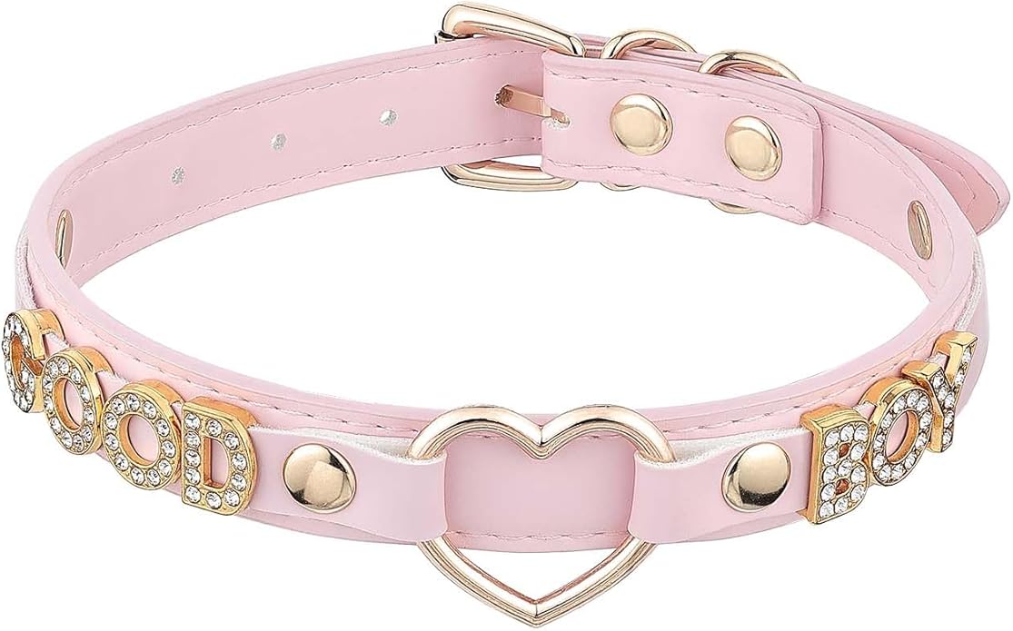 Handmade Gold Heart O-Ring Letter Choker Necklace for Women, Adjustable PU Leather Black/Pink Choker Collar For Women, Goth Choker Collars Necklace