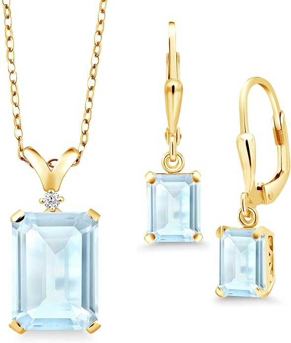Gem Stone King 9-13 Cttw Pendant and Earrings Jewelry Set For Women | Emerald Cut 14X10MM and 8X6MM | Round 1.5MM | Gemstone Birthstone and Diamond | 925 Sterling Silver | 18 Inch Silver Chain
