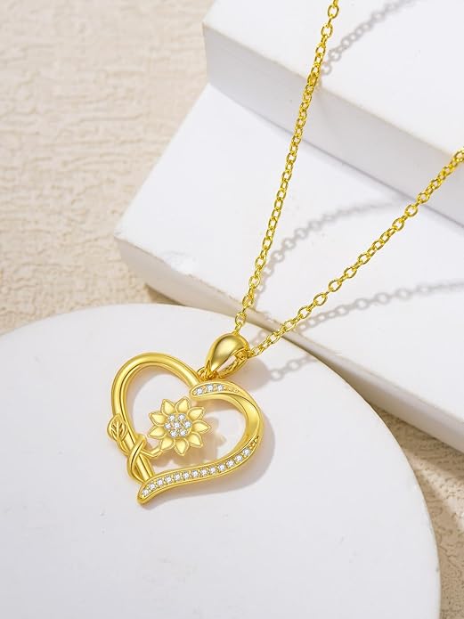 14K Solid Gold Rose Flower/Sunflower Necklaces for Women Flower Heart Pendant Necklace Love Sunshine Jewelry Anniversary Valentine's Day Birthday GiftS for Women Wife Girlfriend Her Mom