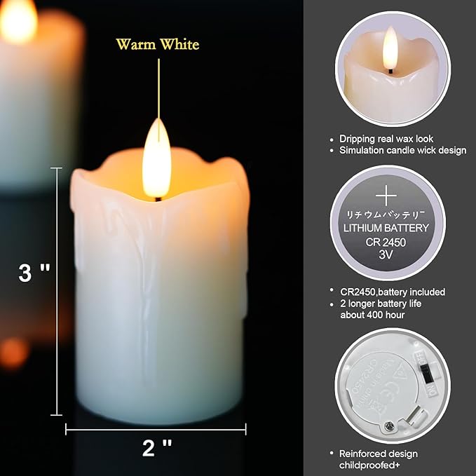 Homemory Flameless Votive Candles with Timer Remote,2" x 3" Real Wax, Realistic Black Wick Battery Operated Pillar Candles, 6 Pack for Wedding, Party and Holiday Decoration