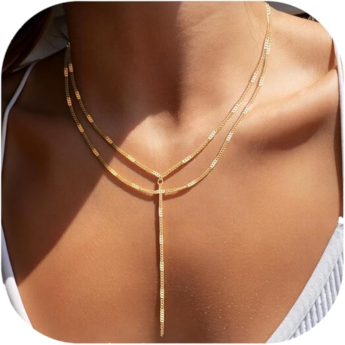 Fullpop Dainty Gold Necklaces for Women, 18k Gold Layered Lariat Necklace for Women Long Gold Choker Necklaces for Women Statement Diamond Heart Pendant Necklace Body Chain Jewelry for Women