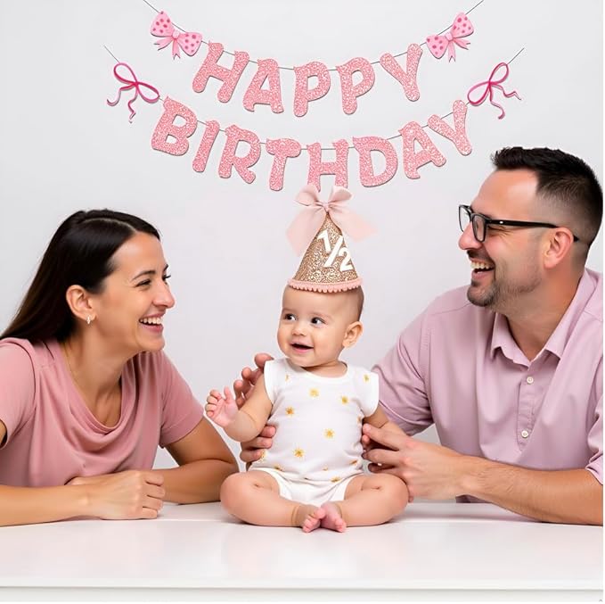 Half Birthday Hat Decorations 2 Set-Sequined Cone 1/2 Hat Happybirthday Banner for 6 Months Baby Girls Bow Birthday Party Decorations, Bow Party Deco(Rose Gold)