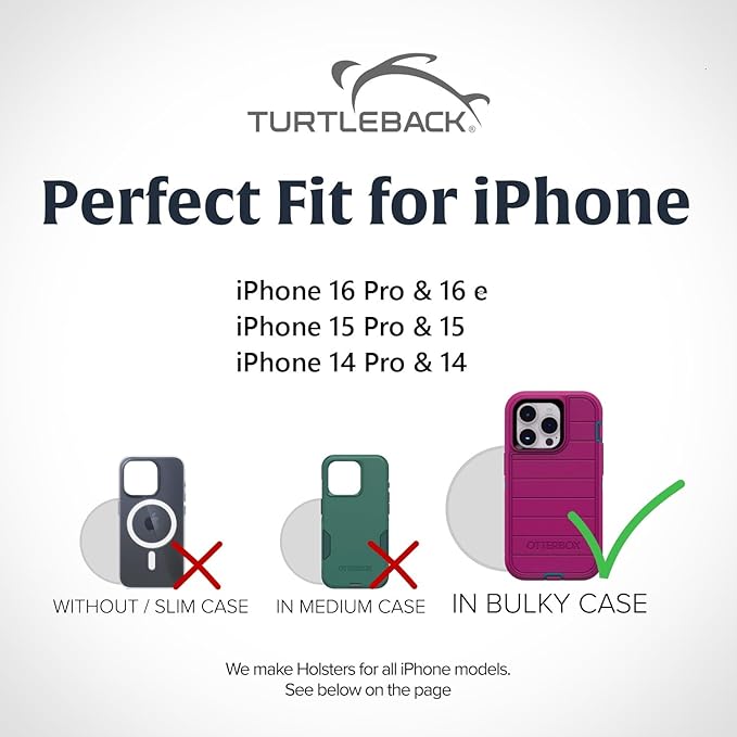 Turtleback Belt Holder for iPhone 16 Pro, 16e, 15 pro 14 Pro 13 Pro -Large- Fits w/Defender Bulky Style Cases, Premium Black Leather, Horizontal Case, Magnetic Closure Leather Wrapped Belt Clip