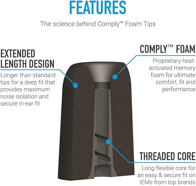 Comply P-Series | Memory Foam Replacement Ear Tips Designed for Etymotic, NuForce, ISOtunes PRO, Q-Jays, & More | Superior Noise Isolation, Ultimate Comfort, Secure Fit | Black, Large (3 Pairs)