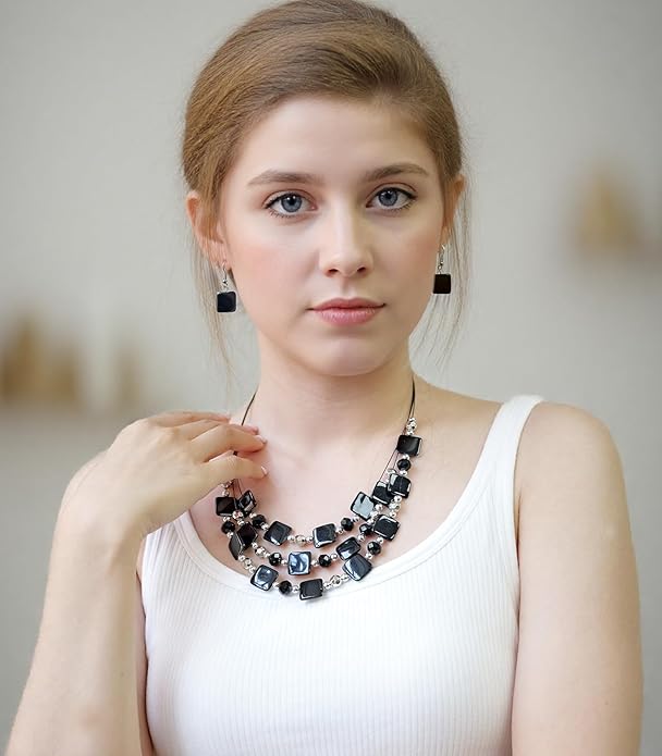 Layered Beaded Statement Necklaces for Women Square Shell Bead Collar Necklace and Earring Set Birthday Gifts Boho Jewelry Sets for Women