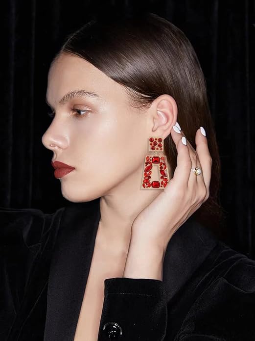 Rhinestone Rectangle Statement Earrings Colorful Crystal Geometric Drop Dangle Earrings for Women Prom Party