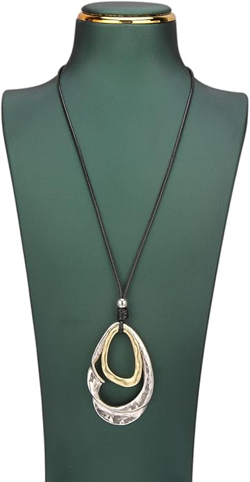 Boho Leather Necklace Women Bohemian Brown Circle Pendant Necklace Choker Long Necklaces for Women Boho Ring Large Pendant