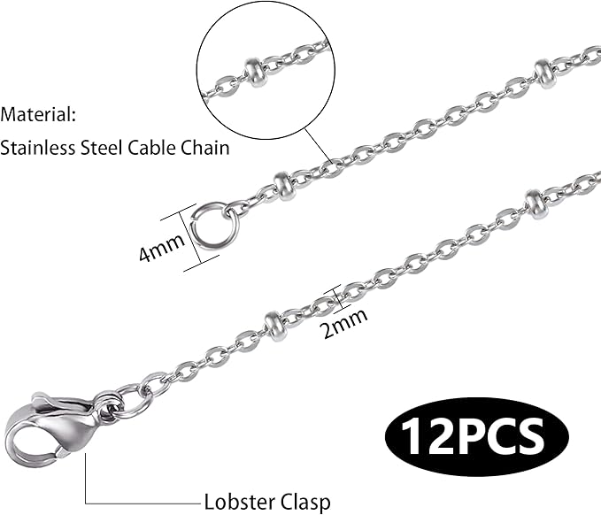 12 PCS Stainless Steel Satellite Chains Beaded Cable Chain Necklace Bulk for Jewelry Making (20 Inch(2mm))