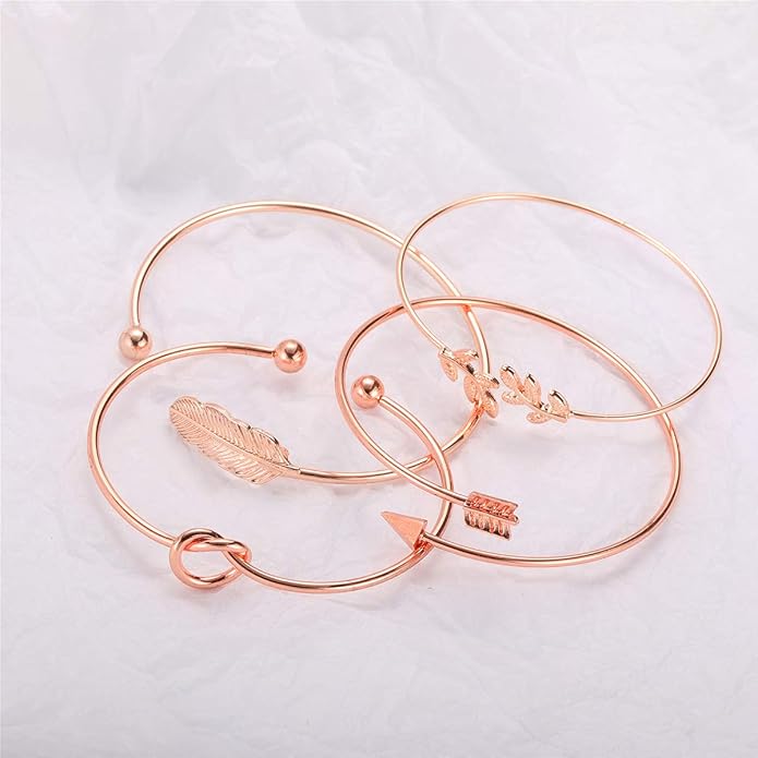 Starain 4Pcs Rose Gold Bracelets for Women Simple Leaf Arrow Feather Knot Heart Bangle Bracelet Adjustable Cuff Bracelet Set