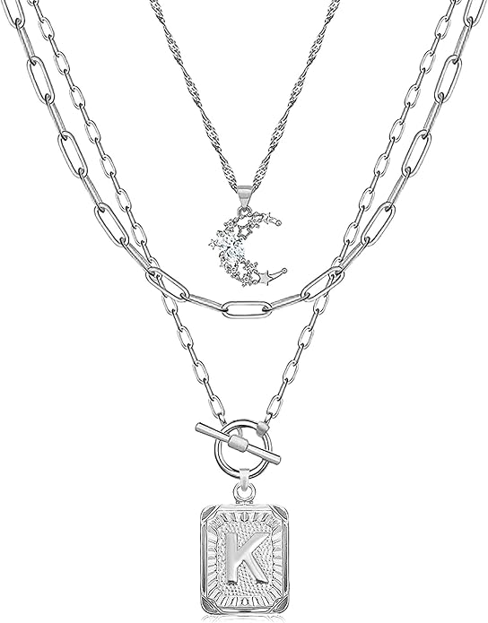 MJartoria Layered Initial Necklaces for Women Trendy, 14K Gold Plated Brass Simple Moon Choker Square Letter Pendant Necklace, Paperclip Chain Necklaces Jewelry Gifts