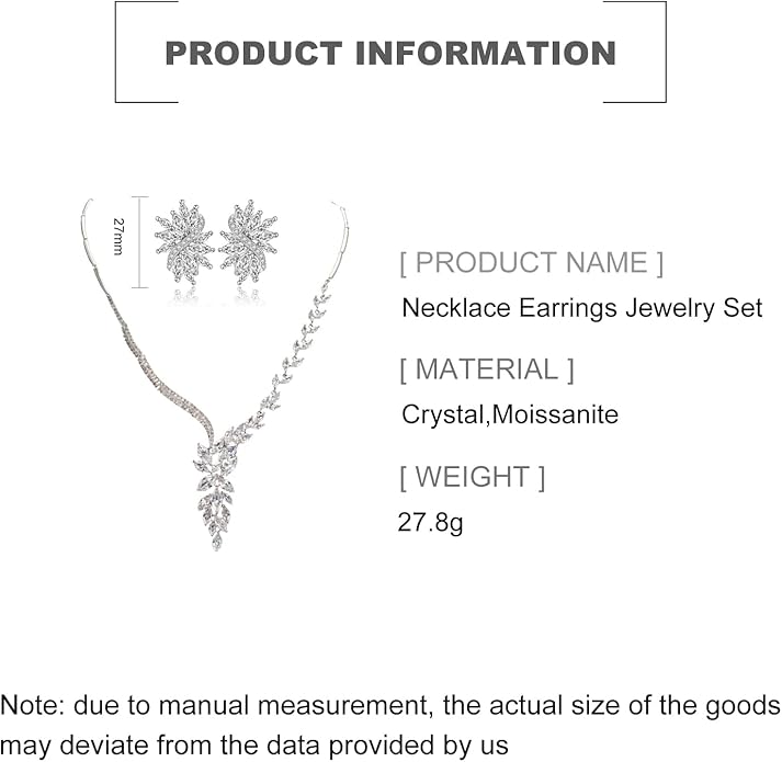 14K Gold Women's Jewelry Set, Natural Crystal Necklace & Moissanite Earrings, Luxurious Bridal/Wedding Fashion Accessory