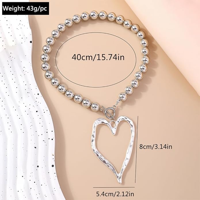 Unique Big Chunky Gold Heart Beads Necklace for Women, Charm Large Thick Hollow Love Heart Pendant Beaded Chain Choker Necklaces Party Y2K Jewelry Gift