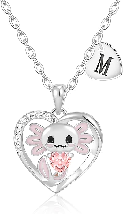 C-leen Axolotl Valentines Day Gifts for Her, 14K Gold Plated Axolotl Initial Necklace Cute Heart Initial Pendant Necklaces Birthday Valentines Day Gifts for Kids Girls Women