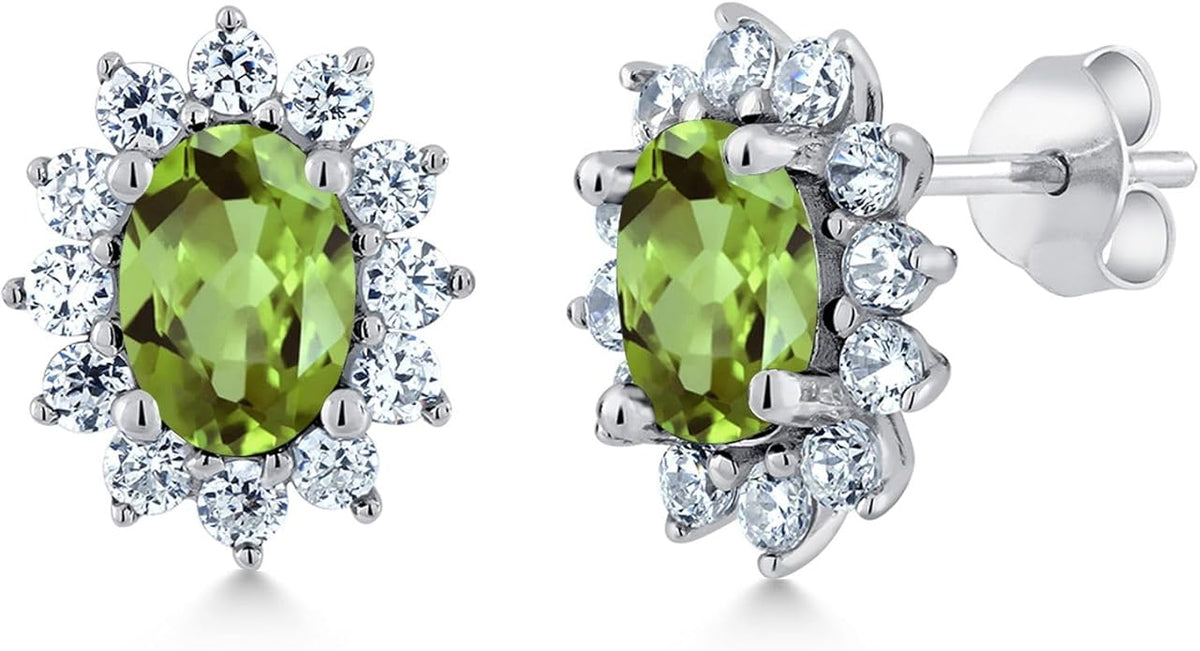 Gem Stone King 7X5MM Oval Gemstone Birthstone Stud Earrings For Women | Princess Diana Royal Halo Style | 925 Sterling Silver | Fine Jewelry Gifts for Anniversary Wedding Her Mom Women Wife