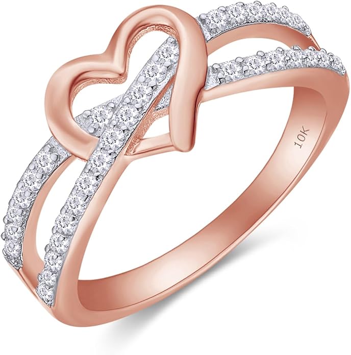 Infinity Heart Promise Ring Natural Diamond, Cubic Zirconia, Moissanite or Lab Grown Diamond Split Shank Engagement Ring for Women 10K Solid Gold Or 14K Gold Over Sterling Silver Jewelry Gift for Her