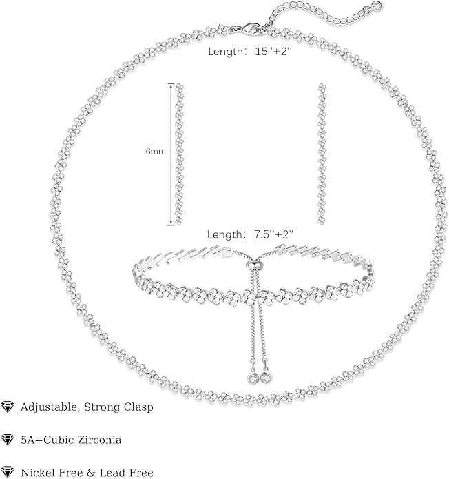 Tennis Necklace Bracelet for Women, Dainty Sterling Sliver Choker Necklace Crystal Link Bracelet Stud Earrings for Women Wedding Jewelry for Bride Jewelry Set Accessories