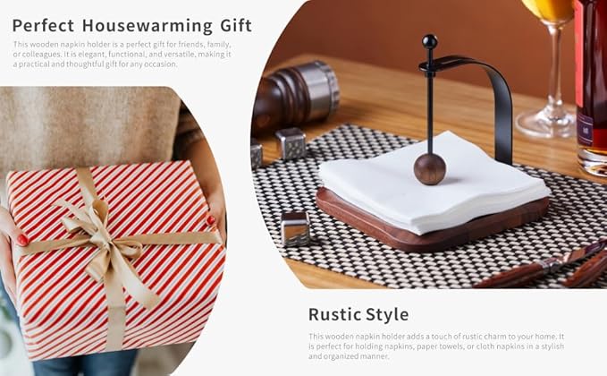 North American Walnut Napkin Holder for Table - Nordic Style Wooden Cocktail Napkin Holder Fits 5-7" Napkins - Windproof Dispenser for Kitchen, Coffee Bar, Cocktail Bar (Gift Idea)