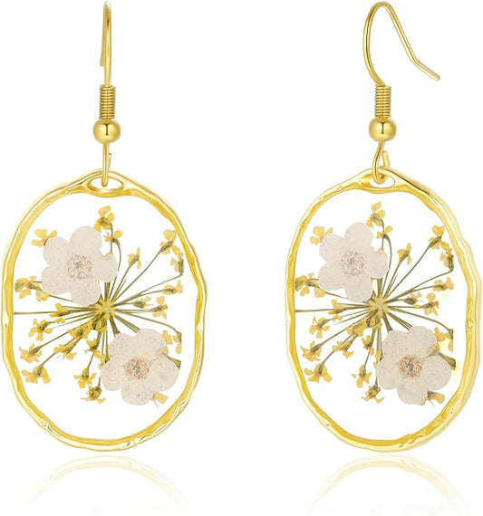 Forget-Me-Not and Queen Anne's Lace Pressed Wildflower Earrings | Pressed Flower Earrings | Handmade Drop and Dangle Earrings | Gift for Woman