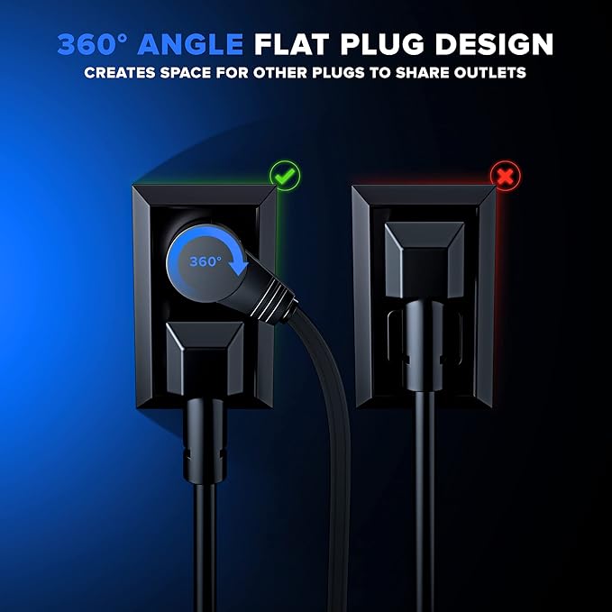 Maximm Cable 30 Ft 360° Rotating Flat Plug Extension Cord, 16/3 AWG Multi 3 Outlet 3-Prong Grounded Wire- Black - UL Certified