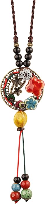 MINACHI Vintage Bohemian Colorful Ceramic Bead Antique Flower Y Necklace, Vintage Boho Hippie Statement Jewelry Gift for Women