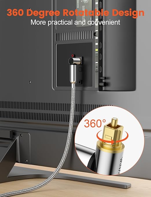 VANAUX 90-Degree Optical Audio Cable 15FT,90 Degree to 90 Degree Fiber Optic Toslink Cable(24K Gold-Plated Connectors,Braided Jacket) Ideal for Tight Spaces,Home Theater,Soundbars,Gaming Consoles