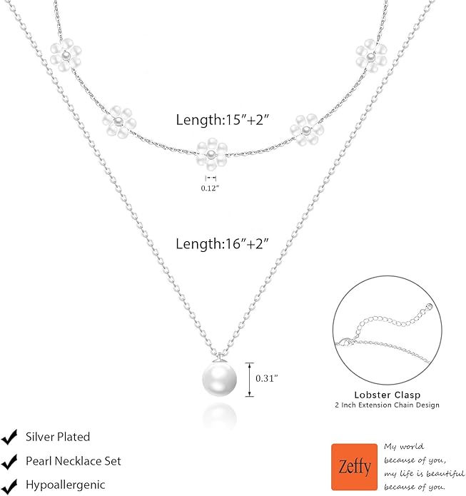 Zeffy Gold Pearl Necklace for Women, Dainty 14K Gold/Silve Plated Layered Pearl Choker Pearl Earrings Pearl Bracelets Wedding Trendy Gold Jewelry Set for Women Gifts