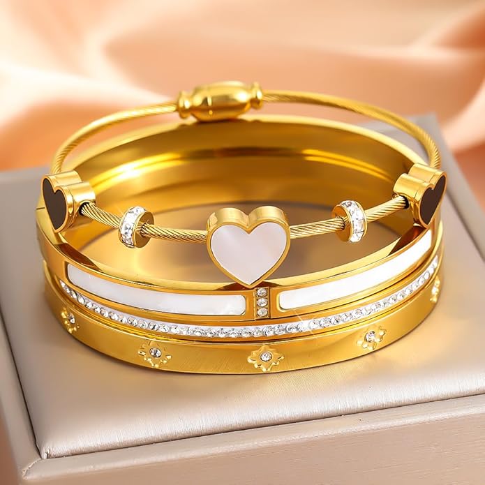 ZhiRui Women's 18K Gold Plated Stackable Bracelet Set - Waterproof Mother of Pearl Heart Cubic Zirconia Jewelry Gifts for Women