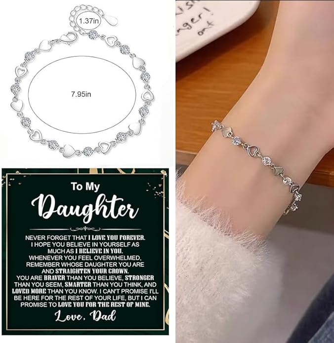 To My Daughter Bracelet, Silver Heart Chain Bracelet with Shiny Stones, Perfect Birthday or Graduation Christmas Gift for Daughter with Message Card Gift Box