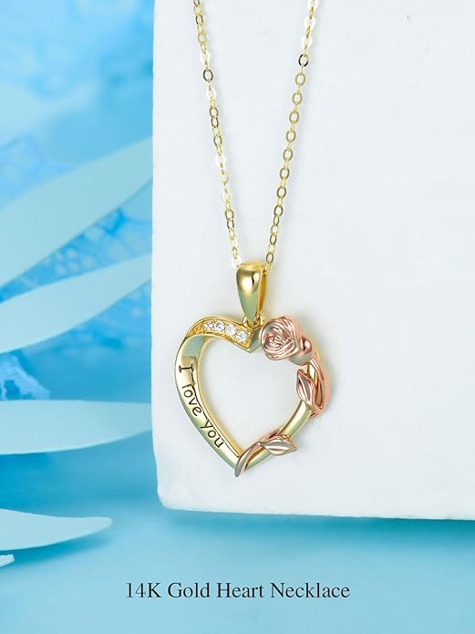 14K Solid Gold Rose Flower/Sunflower Necklaces for Women Flower Heart Pendant Necklace Love Sunshine Jewelry Anniversary Valentine's Day Birthday GiftS for Women Wife Girlfriend Her Mom