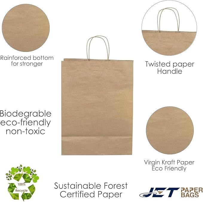 JET PAPER BAGS - Large Brown Paper Bags with Handles 13”x7”x17” Inch [25 Pcs] Prime for Takeout, Grocery, Goody, Retail, Party, Gifts, Weddings