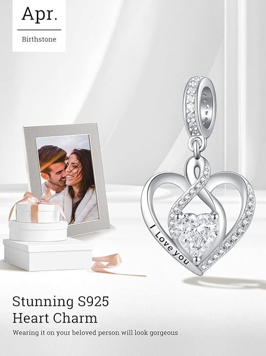 Heart Birthstone Charms for Bracelets, 925 Sterling Silver Women Bead Charms for Charm Bracelets Necklace, Mother's Day Birthday Anniversary Jewelry Gifts for Wife Mom Grandma Daughter