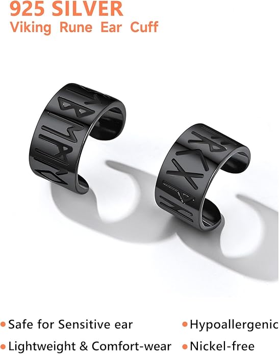 Silvora Ear Cuff 925 Sterling Silver Viking Runes Earrings for Men Women Viking Jewelry with Gift Box