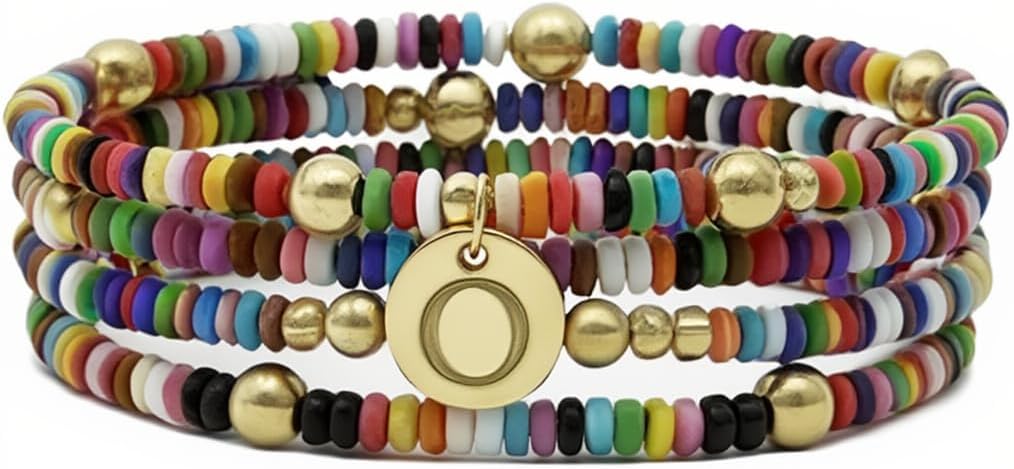 Set of 4 Colorful Bead Initial Bracelets, Personalized Stackable Jewelry, Adjustable Stretchy Charm Bracelets for Women, Beaded Bracelet Set, Trendy Custom Jewelry Gift