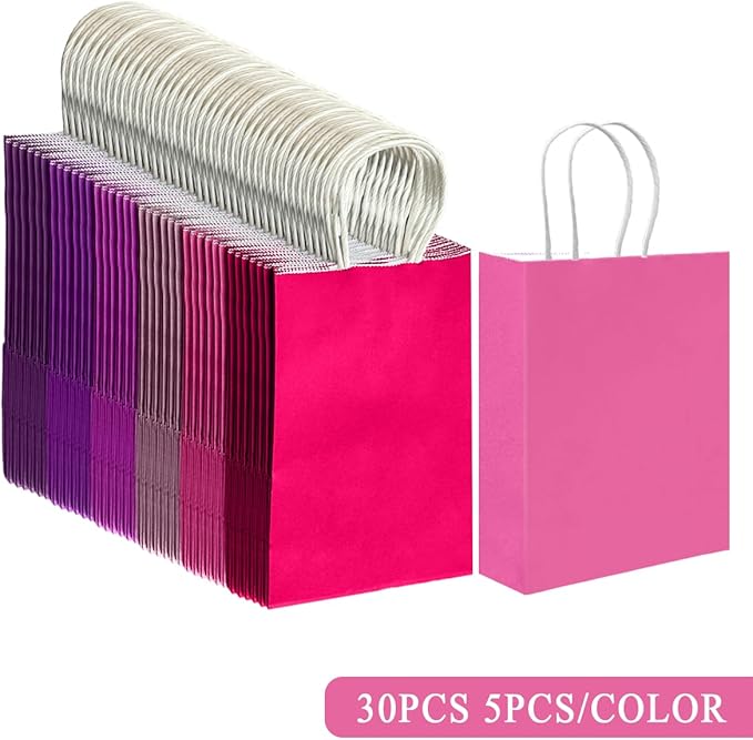 qiqee 30PCS Medium Gift Bag with Handles Bulk 11"x5"x8" Gift Bags 6 Different Pink ＆ Purple Color Bags Multiple Uses (Medium Size)