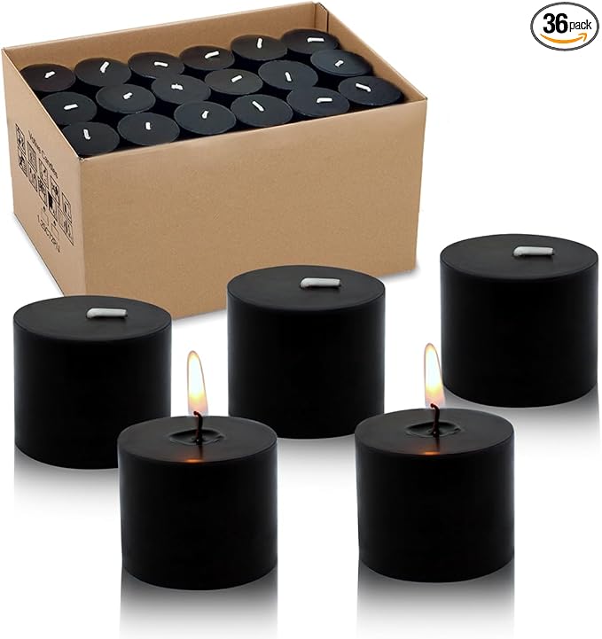 10 Hours Black Votive Candles Bulk, 36 Packs Small Unscented 1.5 Inch Diameter Wax Candles for Halloween Wedding, Party, Holiday & Home Decoration