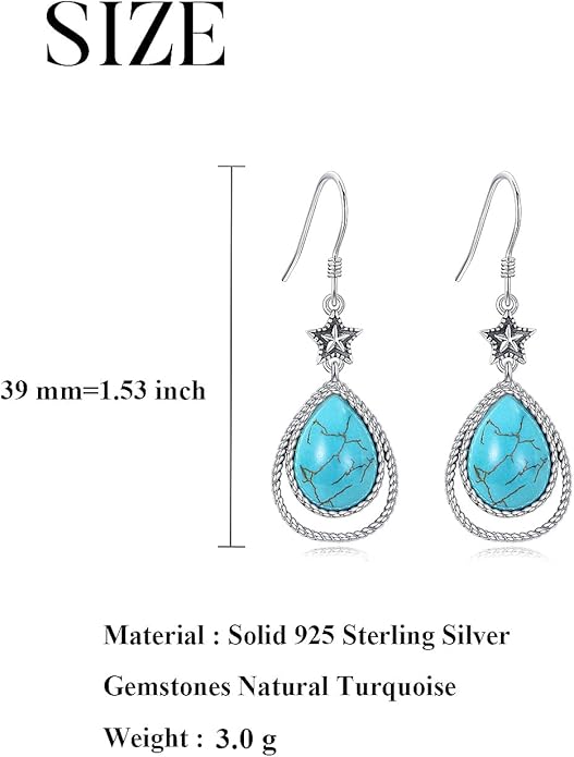 Boho Style Genuine Turquoise Earrings for Women 925 Sterling Silver Star Teardrop Gemstone Southwest Native Amerian Earring Jewelry for Her